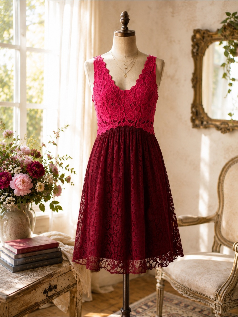 Anthropologie Moulinette Soeurs red pink lace dress, 8.